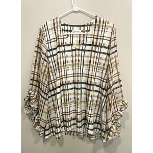 Calvin Klein Plaid Lightweight Blouse Ruffled Sleeves Neutral Women's XL